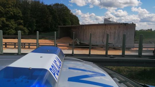 rozsypana kukurydza na autostradzie A1 w Bielawkach