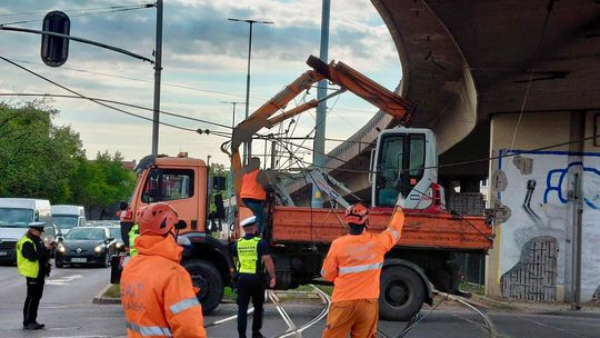 zerwanie trakcji tramwajowej w Gdańsku, ul. Okopowo w Gdańsku - zerwana trakcja tramwajowa