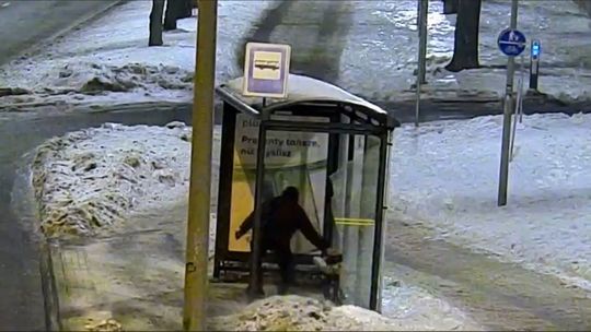 19-letni wandal podczas rozbijania szyby na przystanku przy Alei Hallera w Gdańsku, screen z monitoringu miejskiego