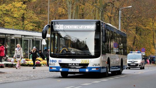 autobus linii 390 jadący na Cmentarz Witomiński