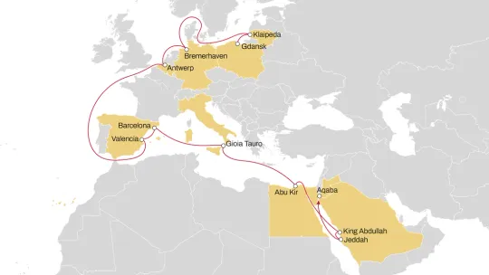 Europe - Red Sea - Middle East Express, nowy serwis kontenerowy MSC, mapa