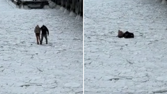 W Sopocie spacerowali po zamarzniętym Bałtyku. Lód się po nimi załamał