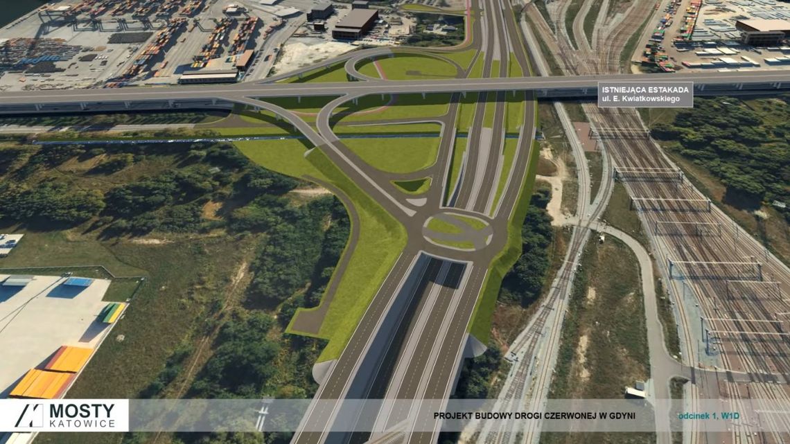 fragment wizualizacji wariantu, który wybrała GDDKiA, widoczny m.in. planowany węzeł z istniejącą Estakadą Kwiatkowskiego