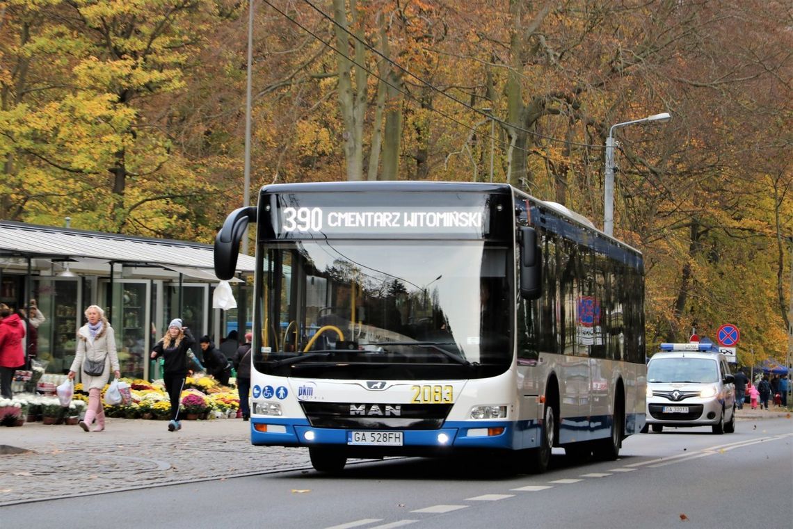 autobus linii 390 jadący na Cmentarz Witomiński