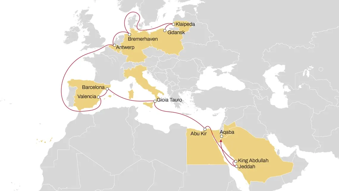 Nowy bezpośredni serwis kontenerowy MSC połączył Port Gdańsk z Bliskim Wschodem Europe - Red Sea - Middle East Express, nowy serwis kontenerowy MSC, mapa