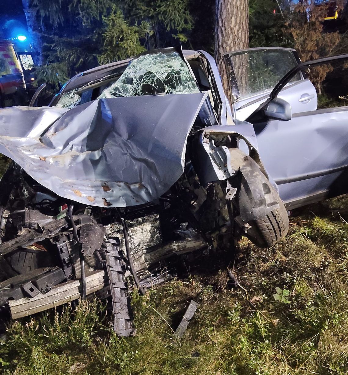 Kierowca auta na łuku drogi nie dostosował prędkości, stracił panowanie nad pojazdem i uderzył w drzewo