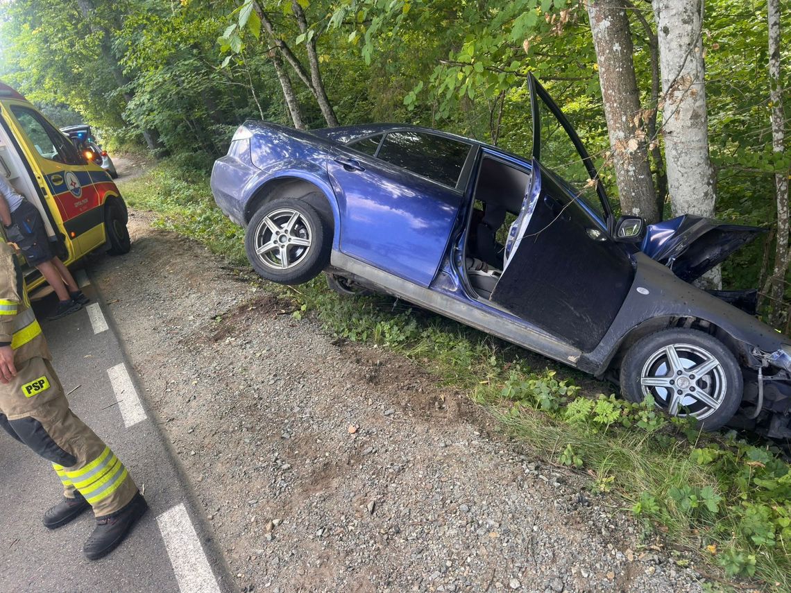 Wypadek w Wielkiej Piaśnicy. 26-latek zjechał na przeciwny pas i uderzył w drzewo Wypadek w Wielkiej Piaśnicy. 26-latek zjechał na przeciwny pas i uderzył w drzewo