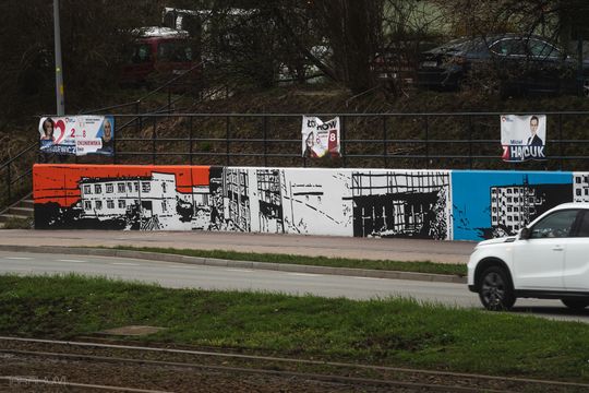 mural przedstawiający budowę osiedla na Morenie, Gdańsk 2024