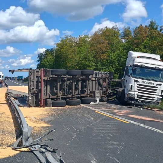 Rozsypana kukurydza na autostradzie A1 w Bielawkach