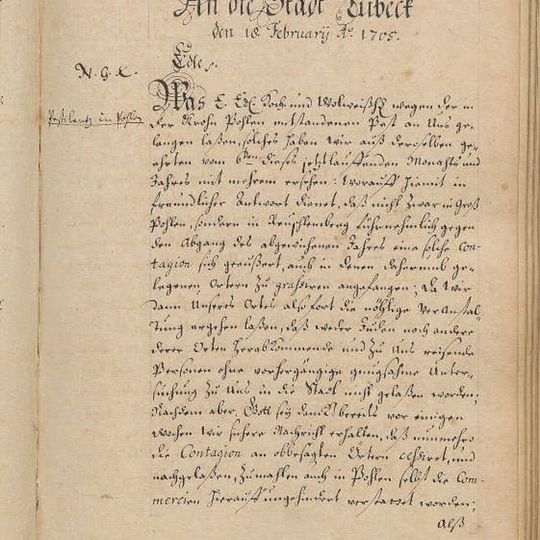 rada miasta Gdańska do miasta Lubeki pismo w sprawie epidemii dżumy w Polsce, 1705 r., ze zbiorów Archiwum Państwowego w Gdańsku, sygn. 300,27/100