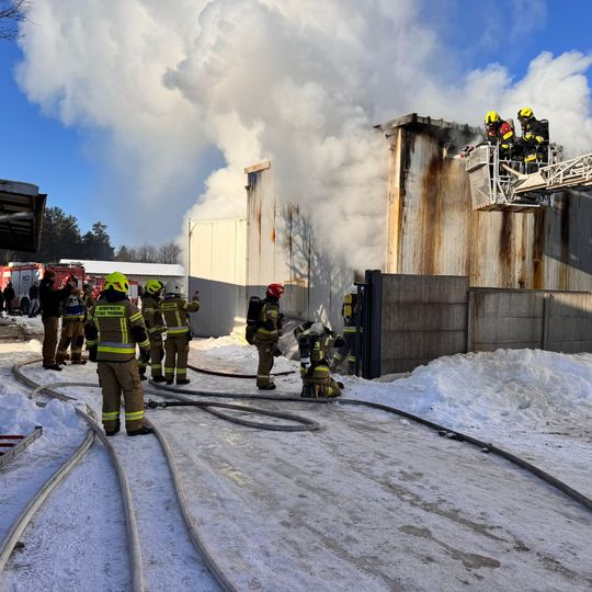 pożar suszarni w zakładzie drzewnym w Karsinie
