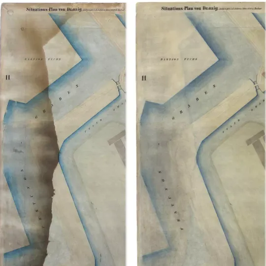 Plan Buhsego, arkusz z sekcją 12 przed i po konserwacji w pracowni Biblioteki Gdańskiej PAN