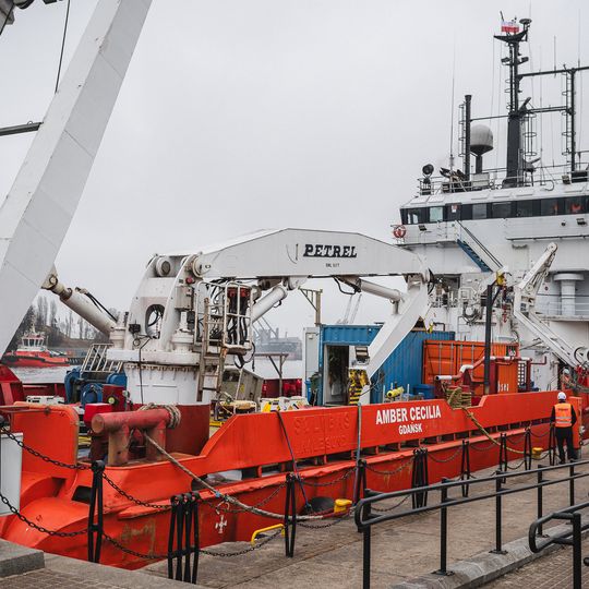 wizyta Andrzeja Domańskiego i Arkadiusza Marchewki na pokładzie statku Amber Cecylia, Gdańsk 2026