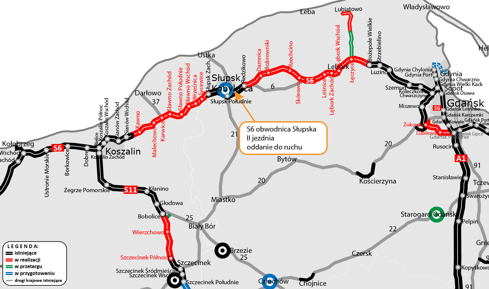 mapa S6 z lokalizacją drugiej jezdni w ciągu obwodnicy Słupska