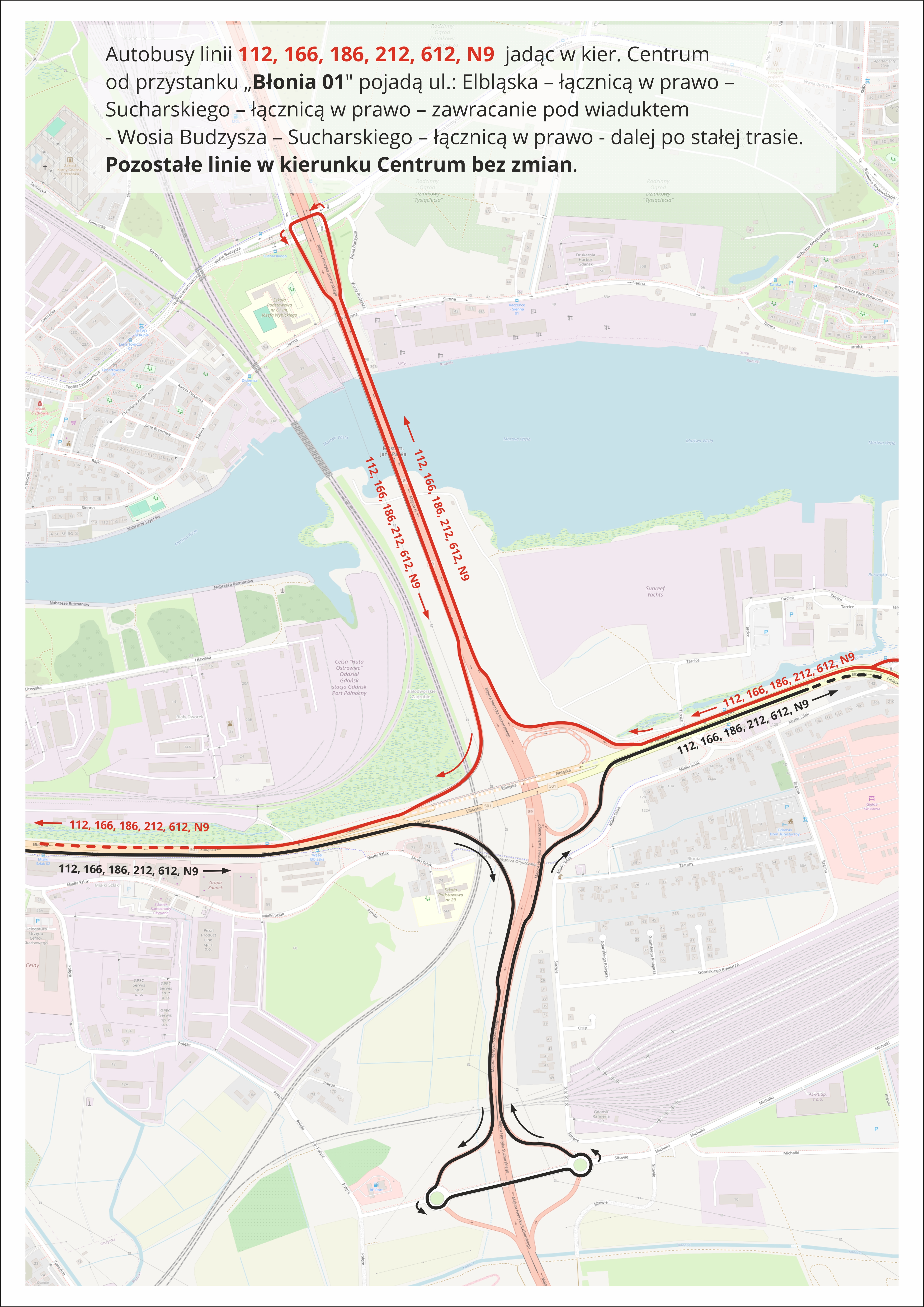remont estakady ul. Elbląskiej w Gdańsku, mapa zmian w komunikacji miejskiej