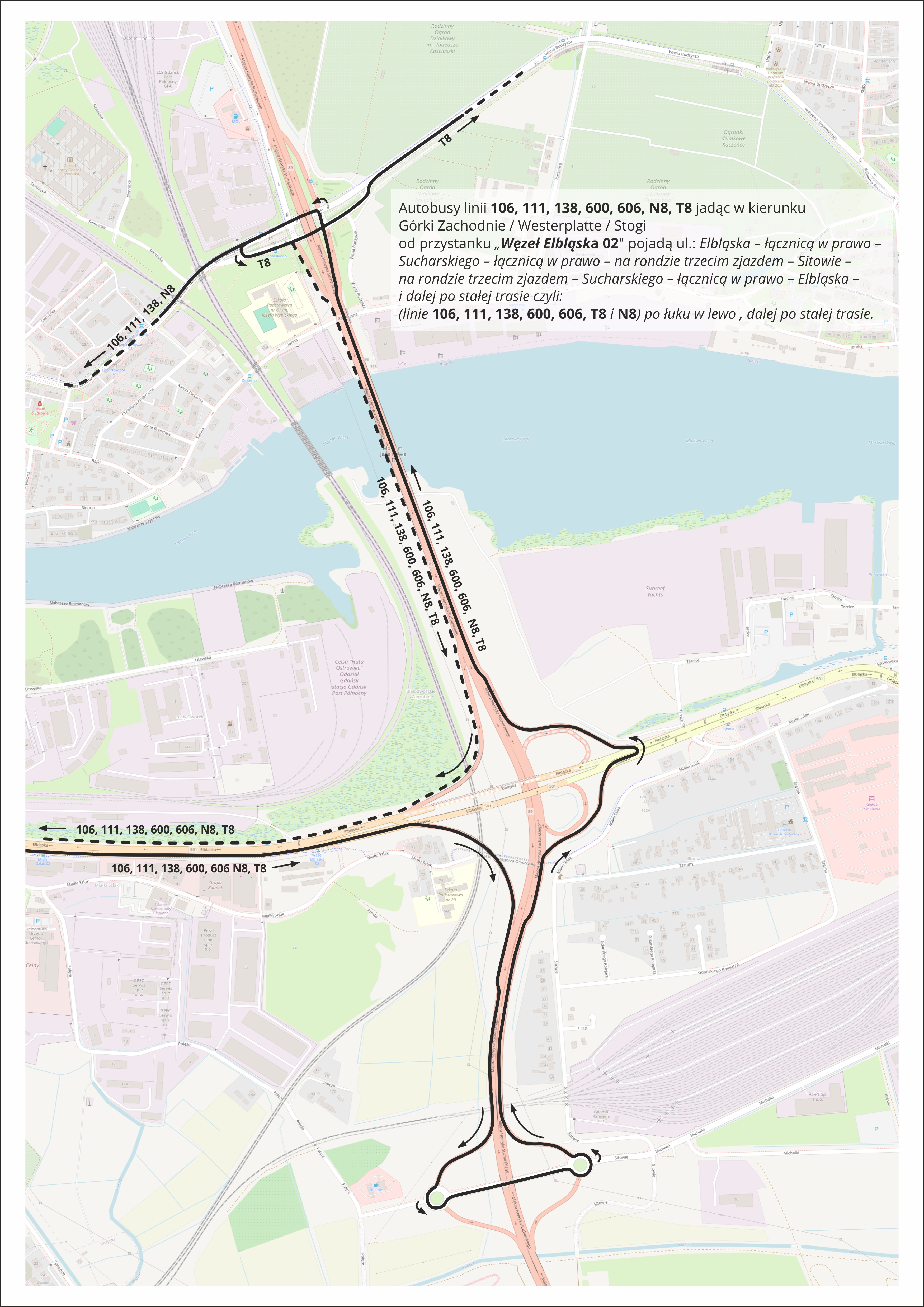 remont estakady ul. Elbląskiej w Gdańsku, mapa zmian w komunikacji miejskiej