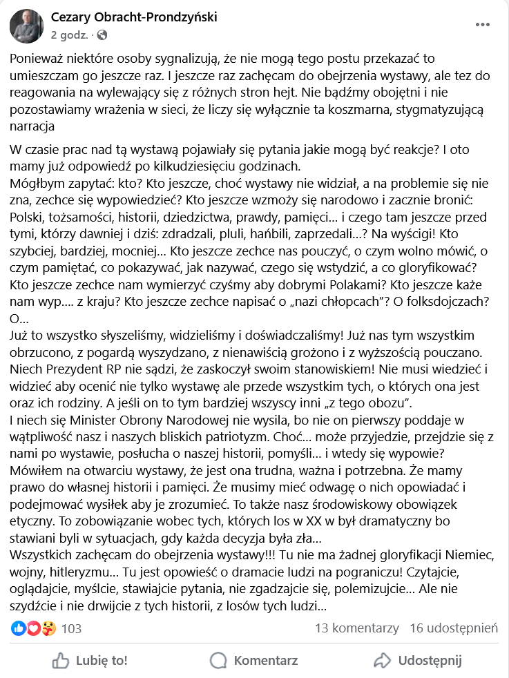 wpis prof. Cezarego Obrachta-Prondzyńskiego na Facebooku dotyczący wystawy „Nasi chłopcy. Mieszkańcy Pomorza Gdańskiego w armii III Rzeszy” w Muzeum Gdańska