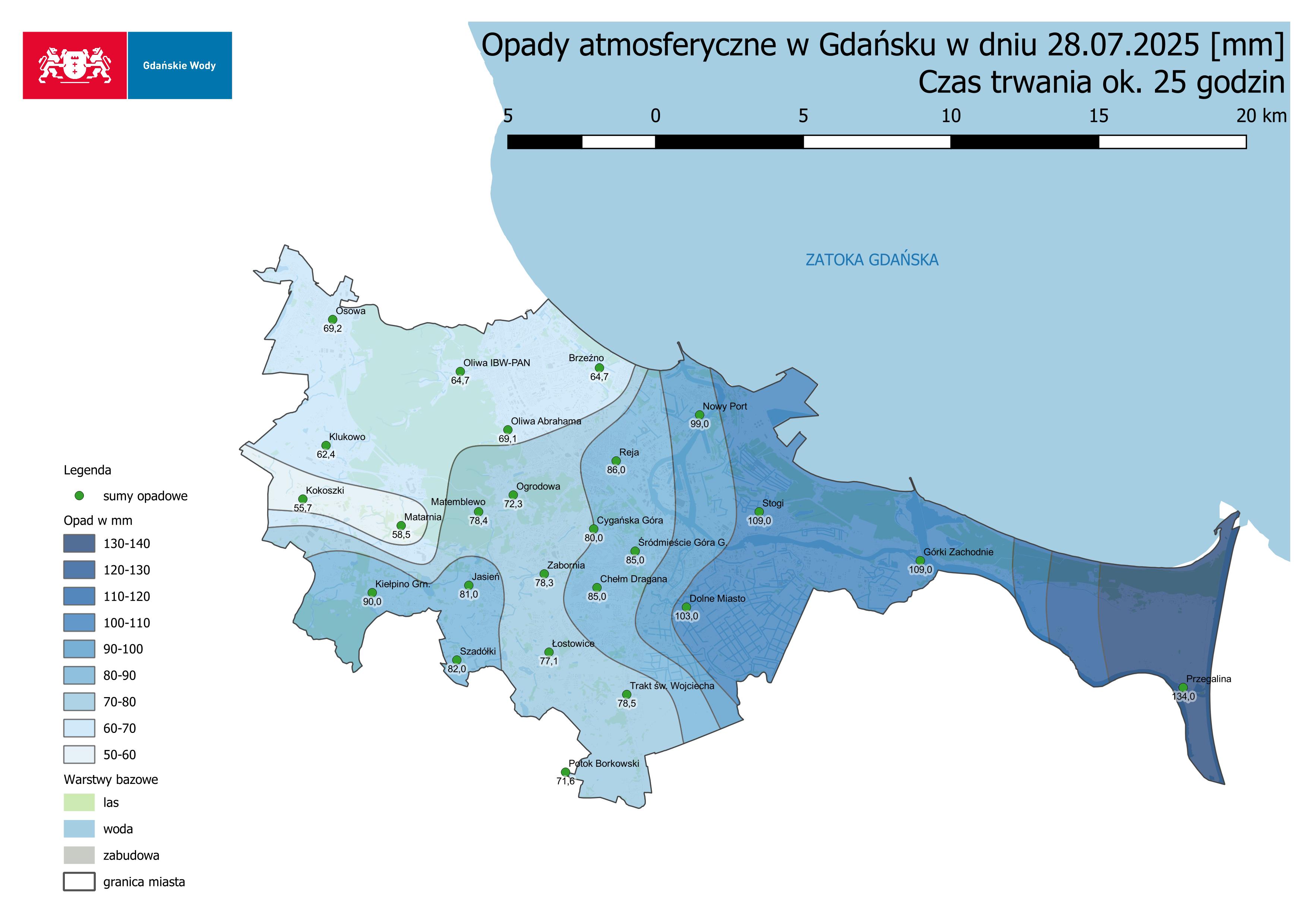 rozkład opadów w Gdańsku, 28-29.07.2025 r.