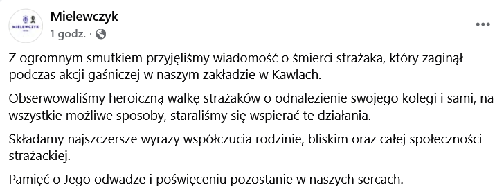 wpis Mielewczyka dotyczący odnalezienia ciała strażaka w zakładach mięsnych w Kawlach