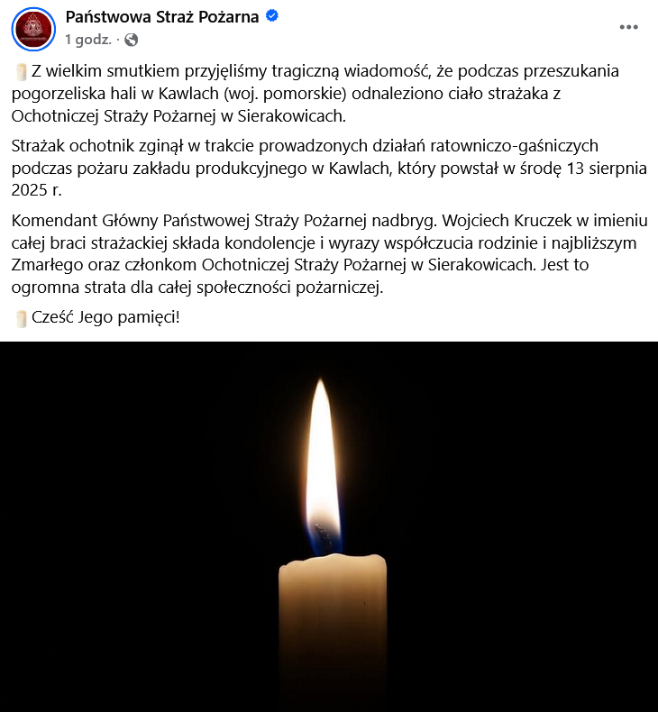 wpis Państwowej Straży Pożarnej dotyczący odnalezienia ciała strażaka w zakładach mięsnych w Kawlach