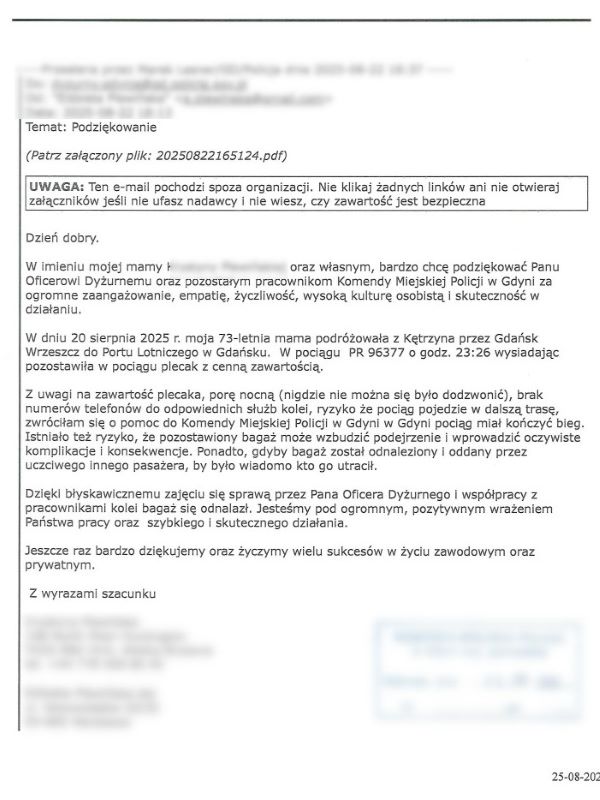 mejl z podziękowaniami dla gdyńskich funkcjonariuszy