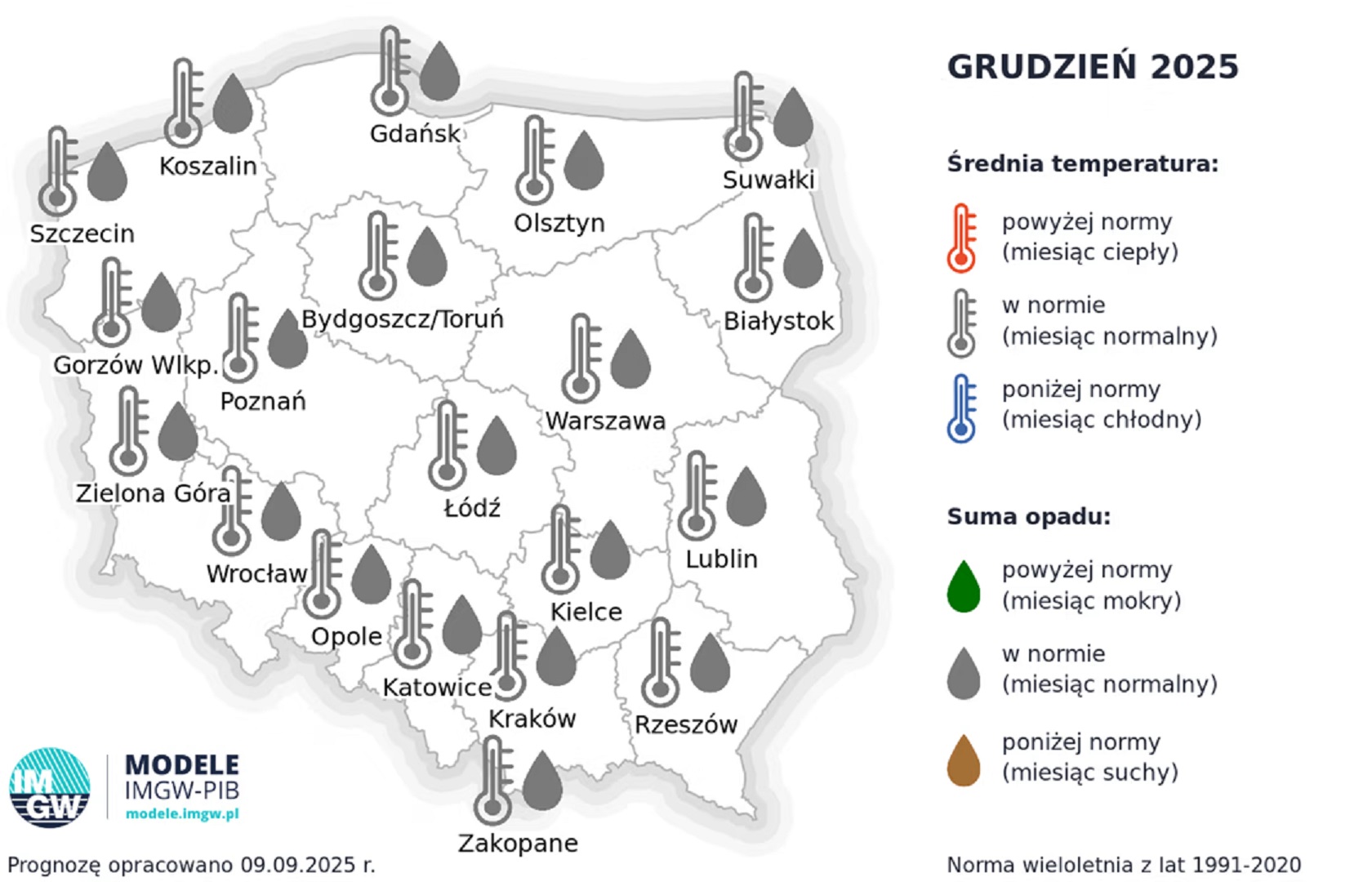 średnia temperatura i suma opadu w grudniu 2025