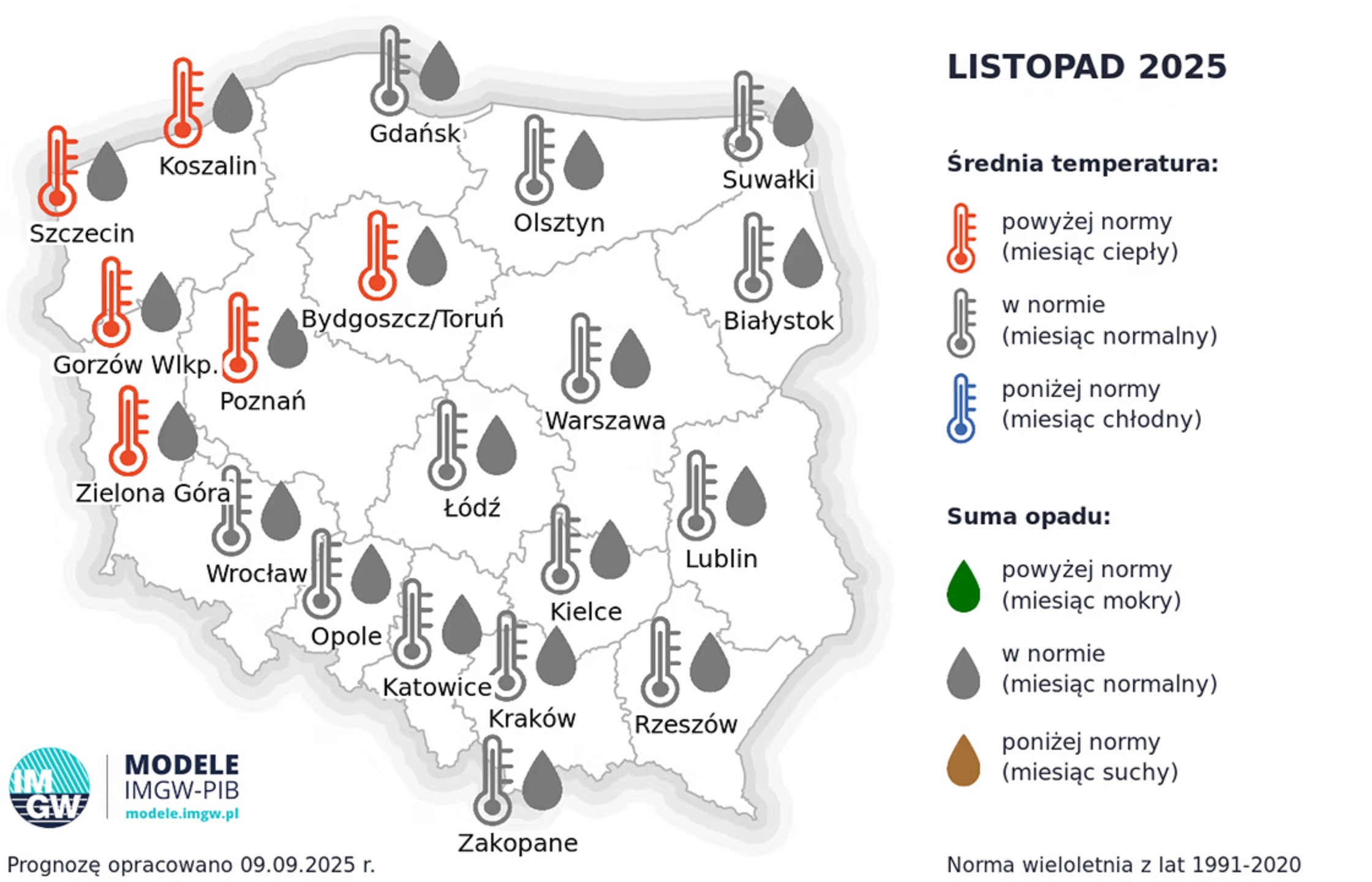średnia temperatura w listopadzie 2025