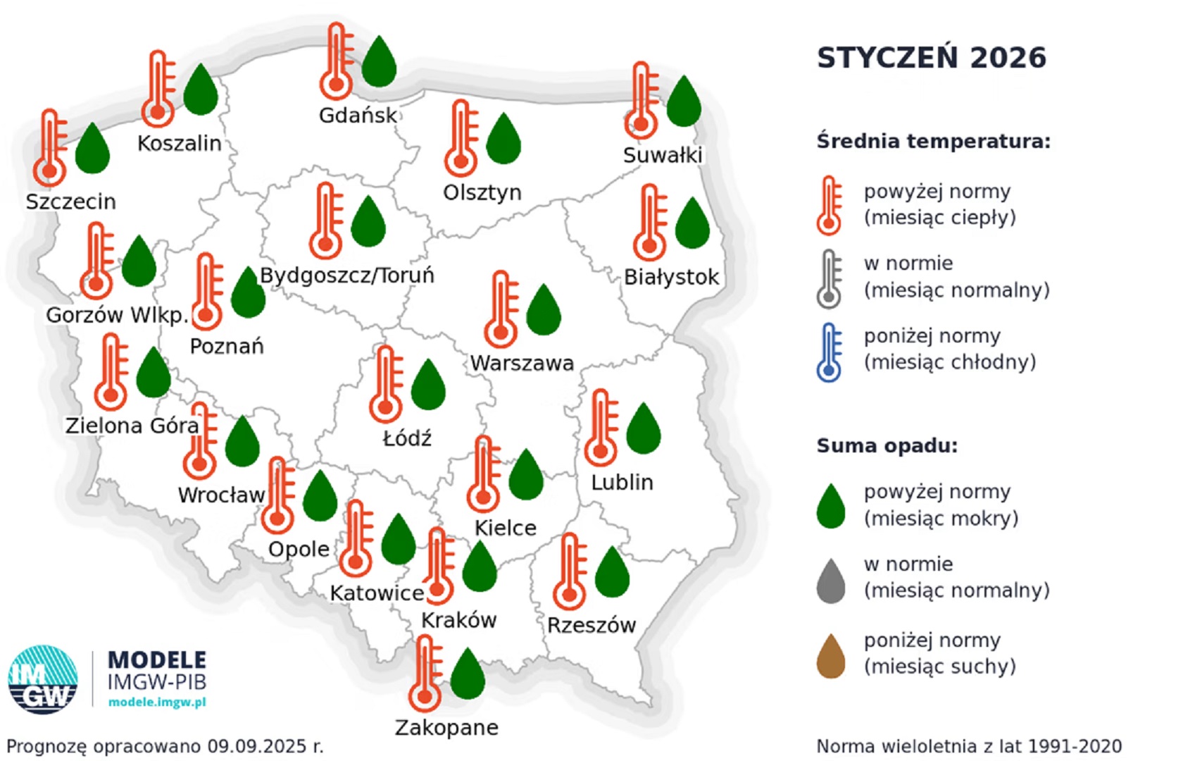 średnia temperatura i suma opadu w styczniu 2026