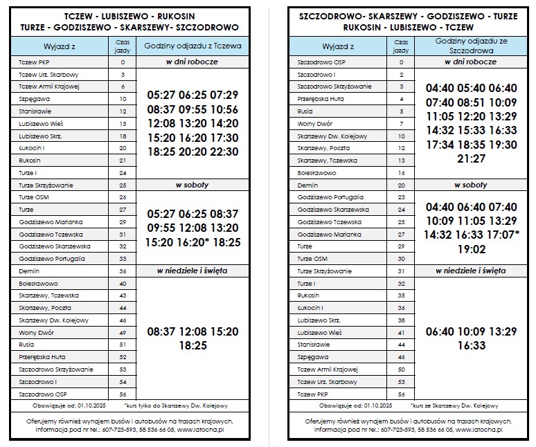 rozkład jazdy autobusów na trasie Szczodrowo-Skarszewy-Godziszewo-Turze-Rukosin-Lubiszewo-Tczew