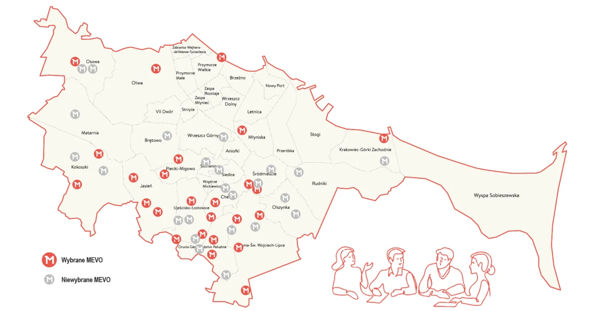 mapa nowych stacji Mevo w Gdańsku