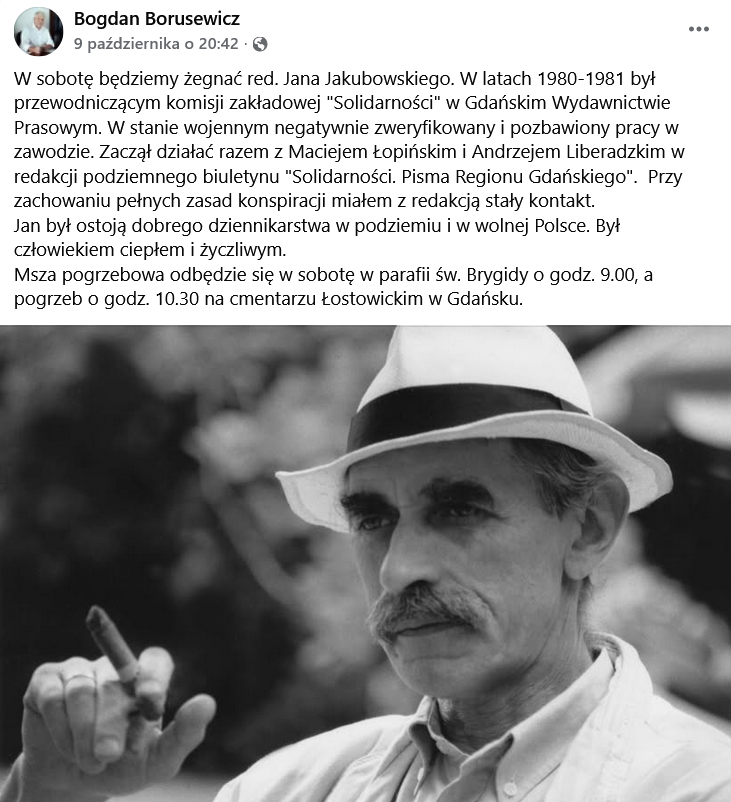 wpis Bogdana Borusewicza o Janie Jakubowskim