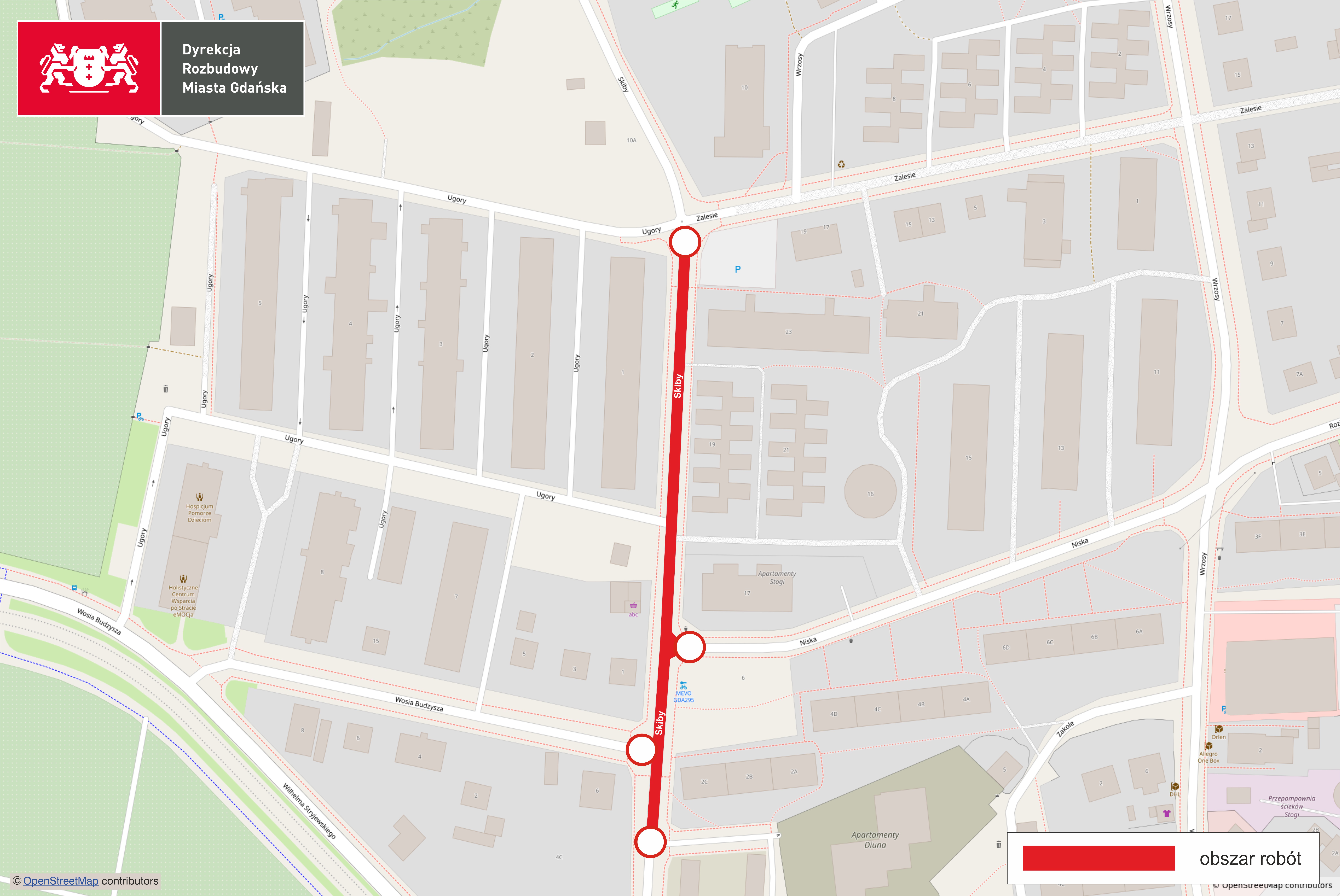 mapa remontu ulic Skiby u Ugory w Gdańsku
