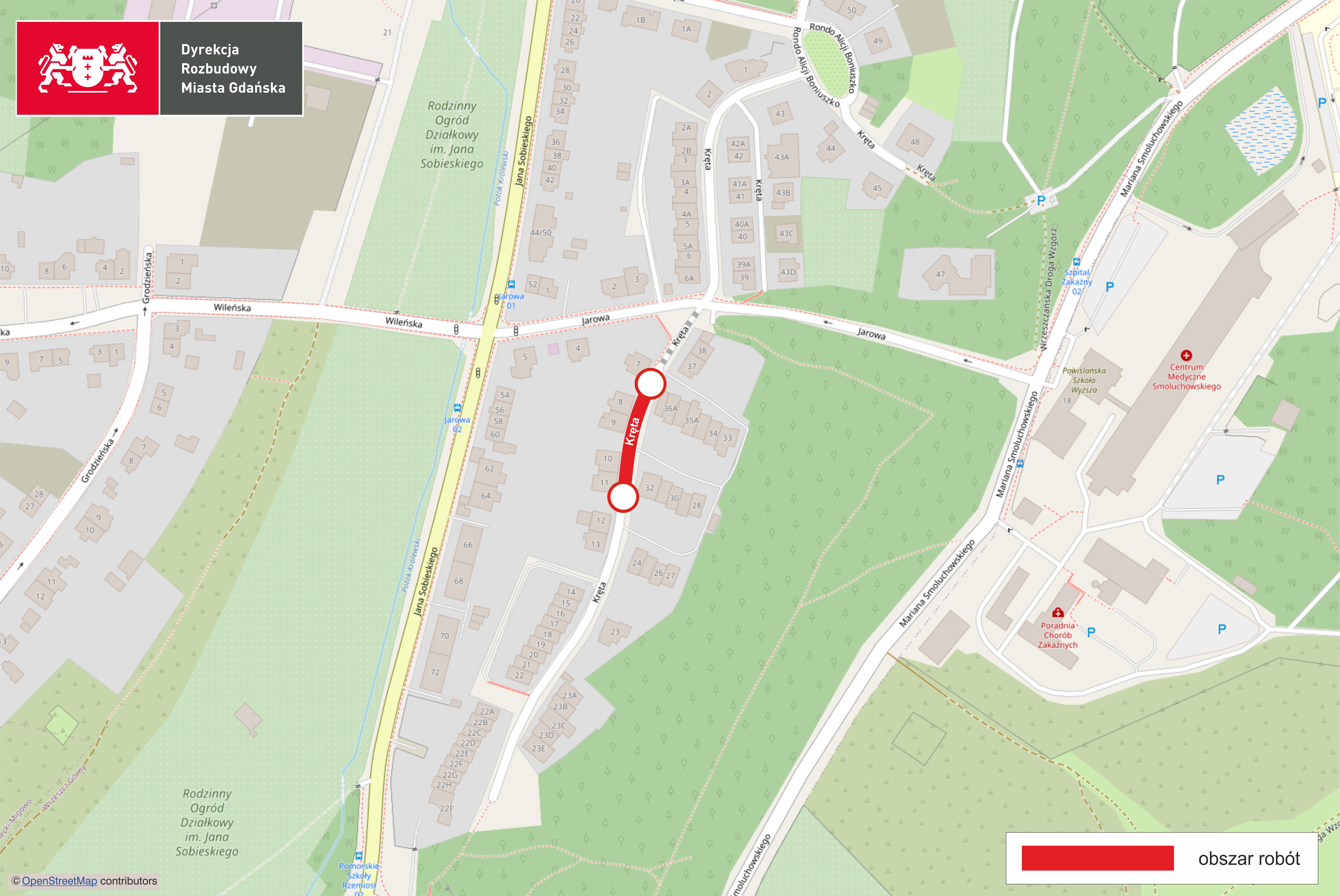 obszar robót na ulicy Krętej w Gdańsku