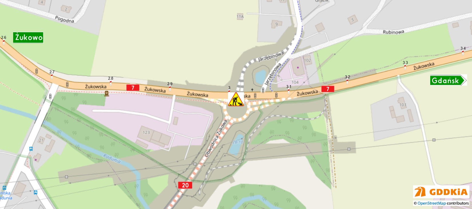 zakres prac na DK7 w Lniskach, mapa