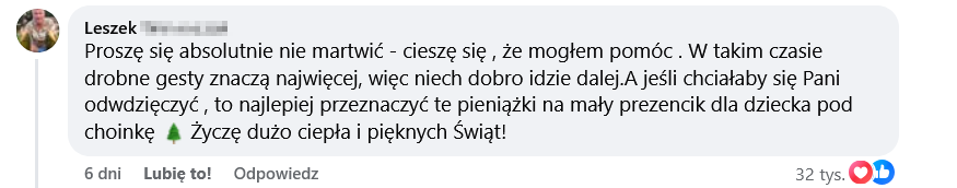 wpis mężczyzny, który zapłacił nastolatce za zakupy w Biedronce