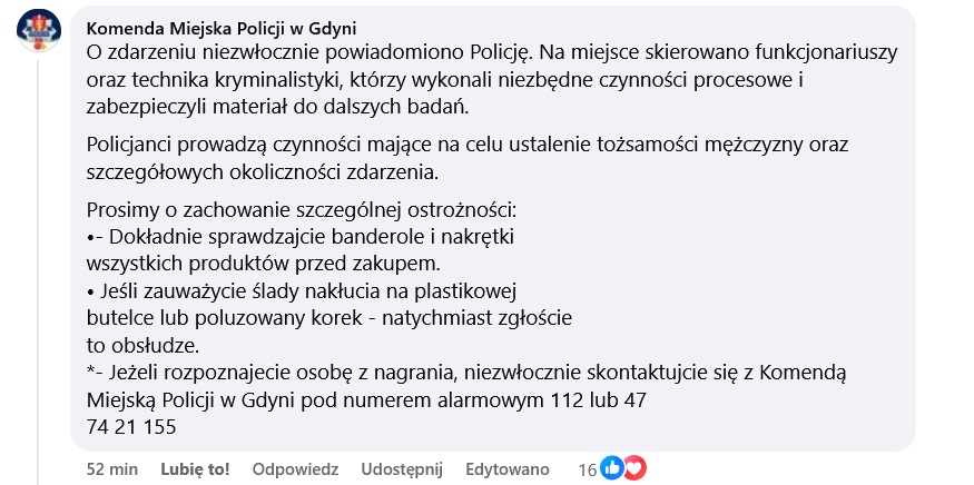 mężczyzna wstrzykiwał nieznaną substancję do octu w Gdyni, apel policji