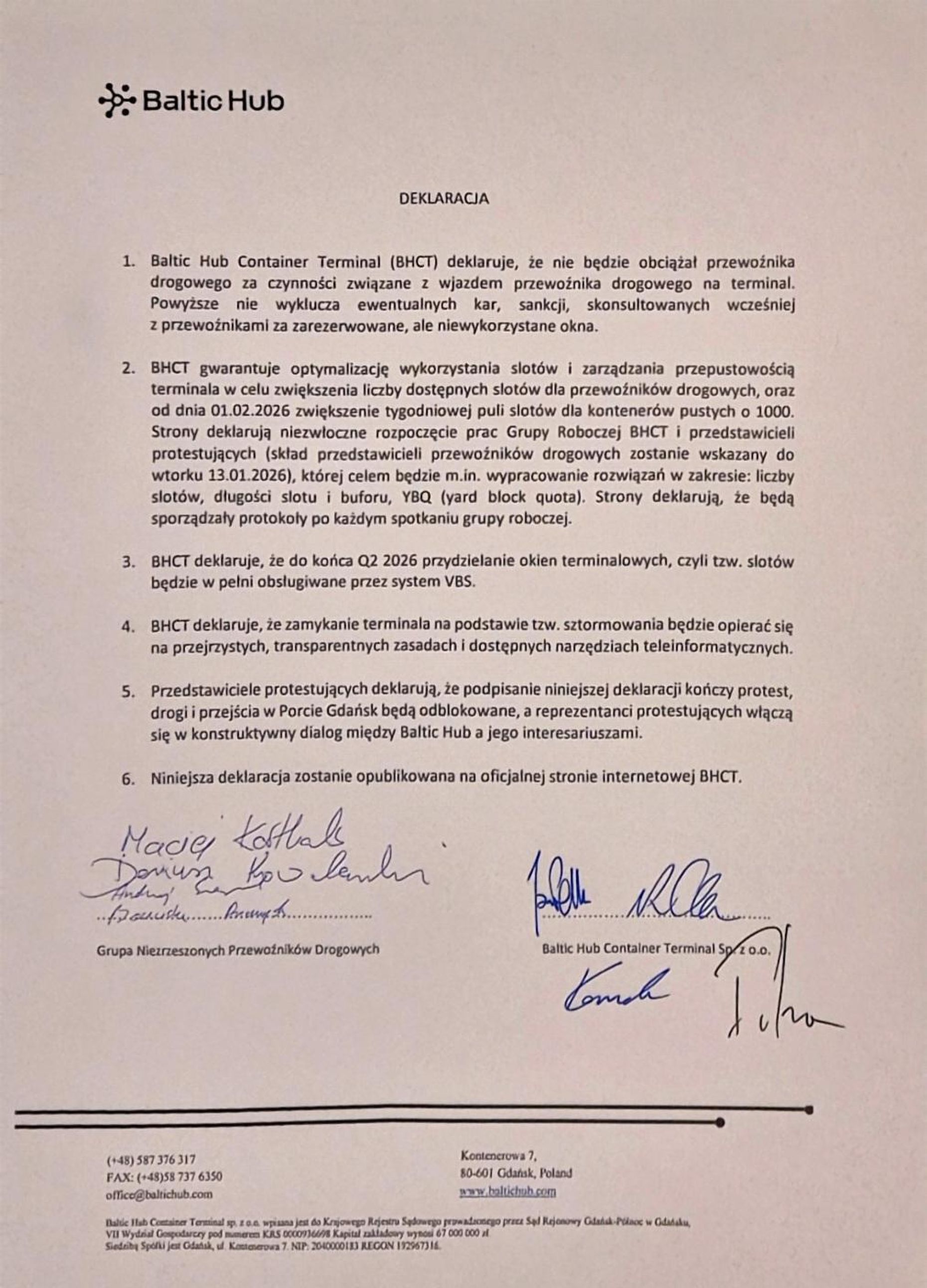 deklaracja podpisana przez przewoźników i Baltic Hub