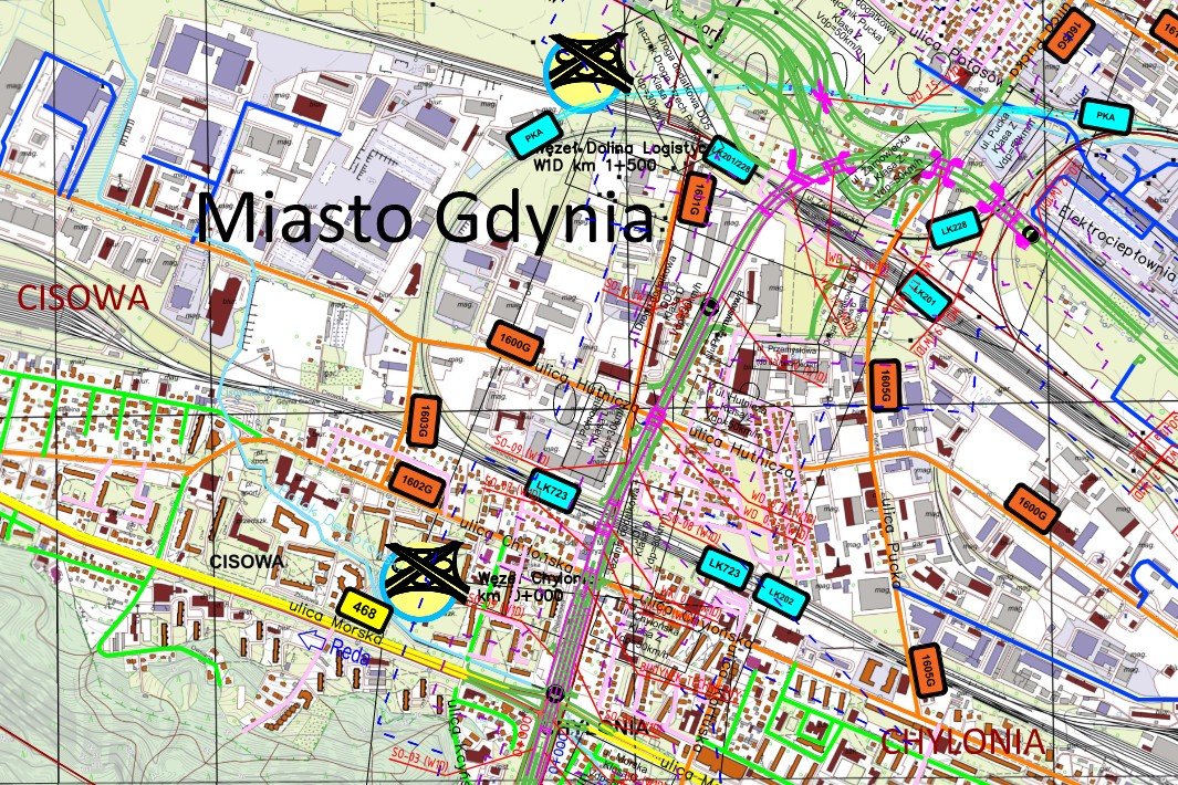 fragment mapy projektowej dotyczącej wariantu W1D Drogi Czerwonej