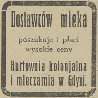 hurtownia kolonialna i mleczarnia w Gdyni, ogłoszenie