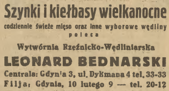 Wytwórnia Rzeźnicko-Wędliniarska Leonadr Bednarski, ogłoszenie