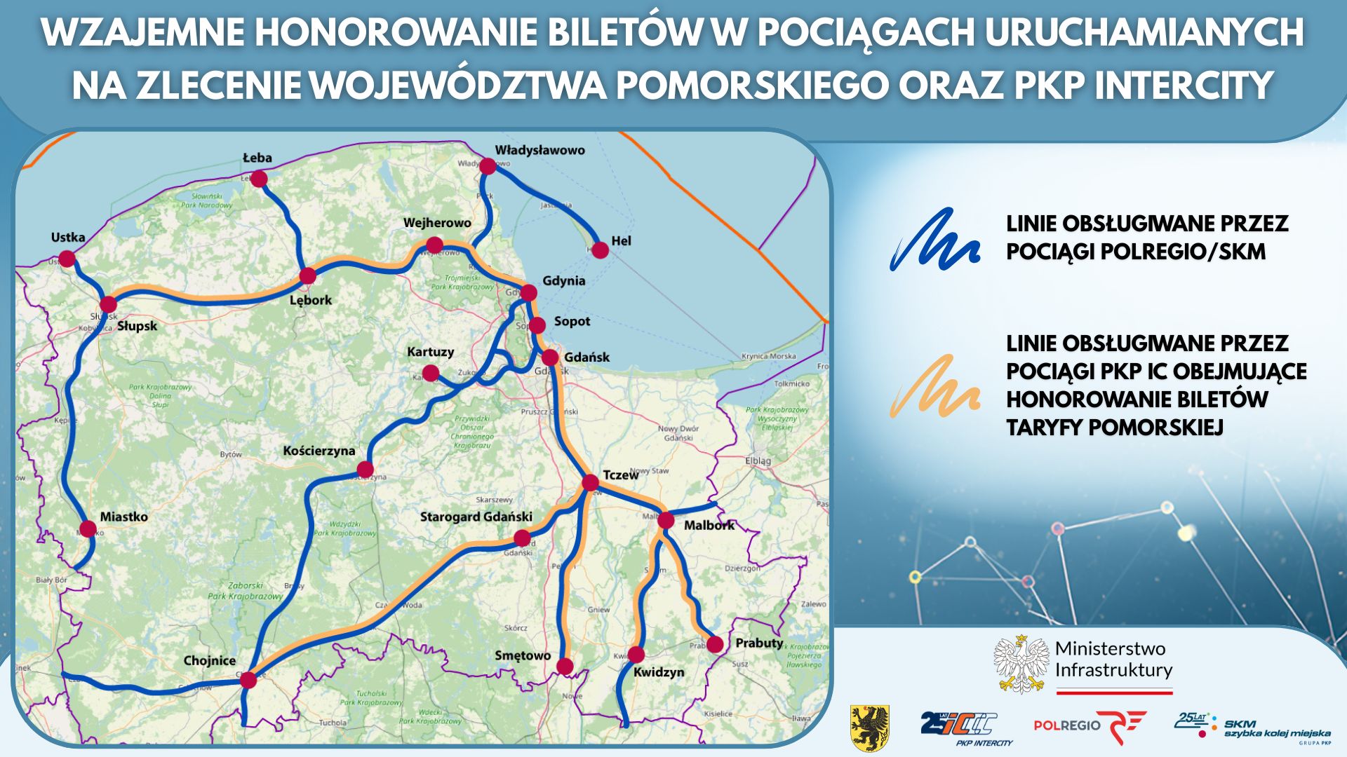 wzajemne honorowanie biletów w pociągach uruchamianych na zlecenie województwa pomorskiego oraz PKP Intercity, mapa
