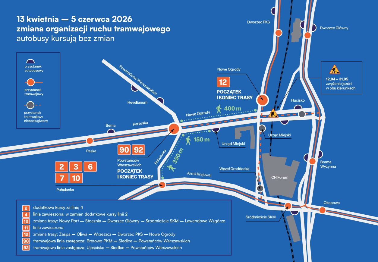 remont sieci trakcyjnej na skrzyżowaniu ulic 3 Maja i Nowe Ogrody, mapa utrudnień