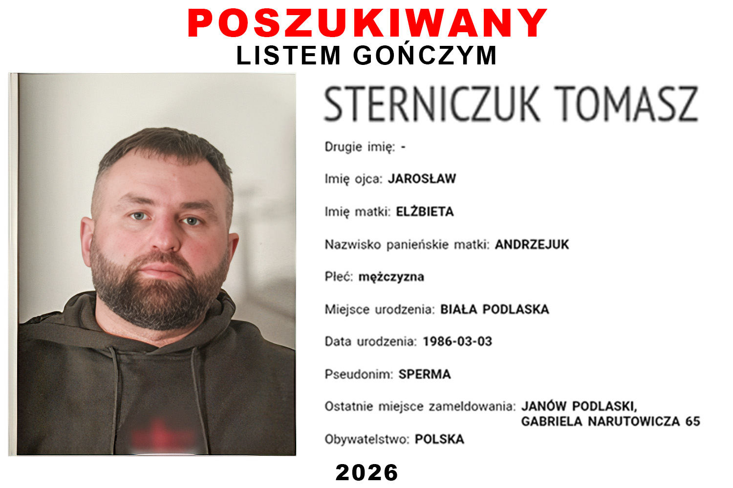 Tomasz Sterniczuk, list gończy