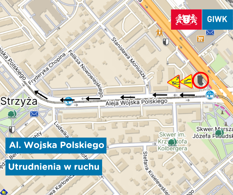 Aleja Wojska Polskiego, Gdańsk, utrudnienia w ruchu, mapa
