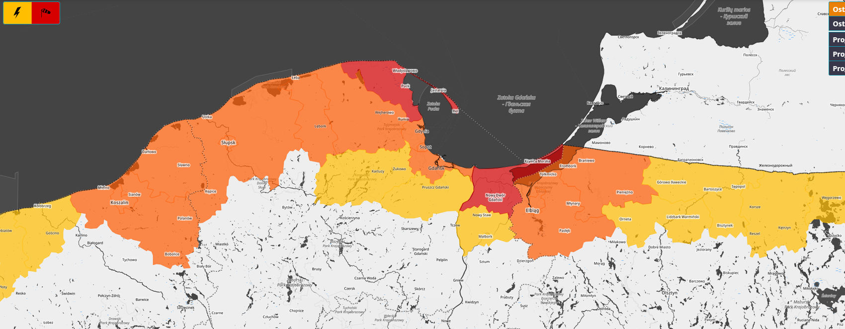 alerty IMGW dla północnej Polski, mapa
