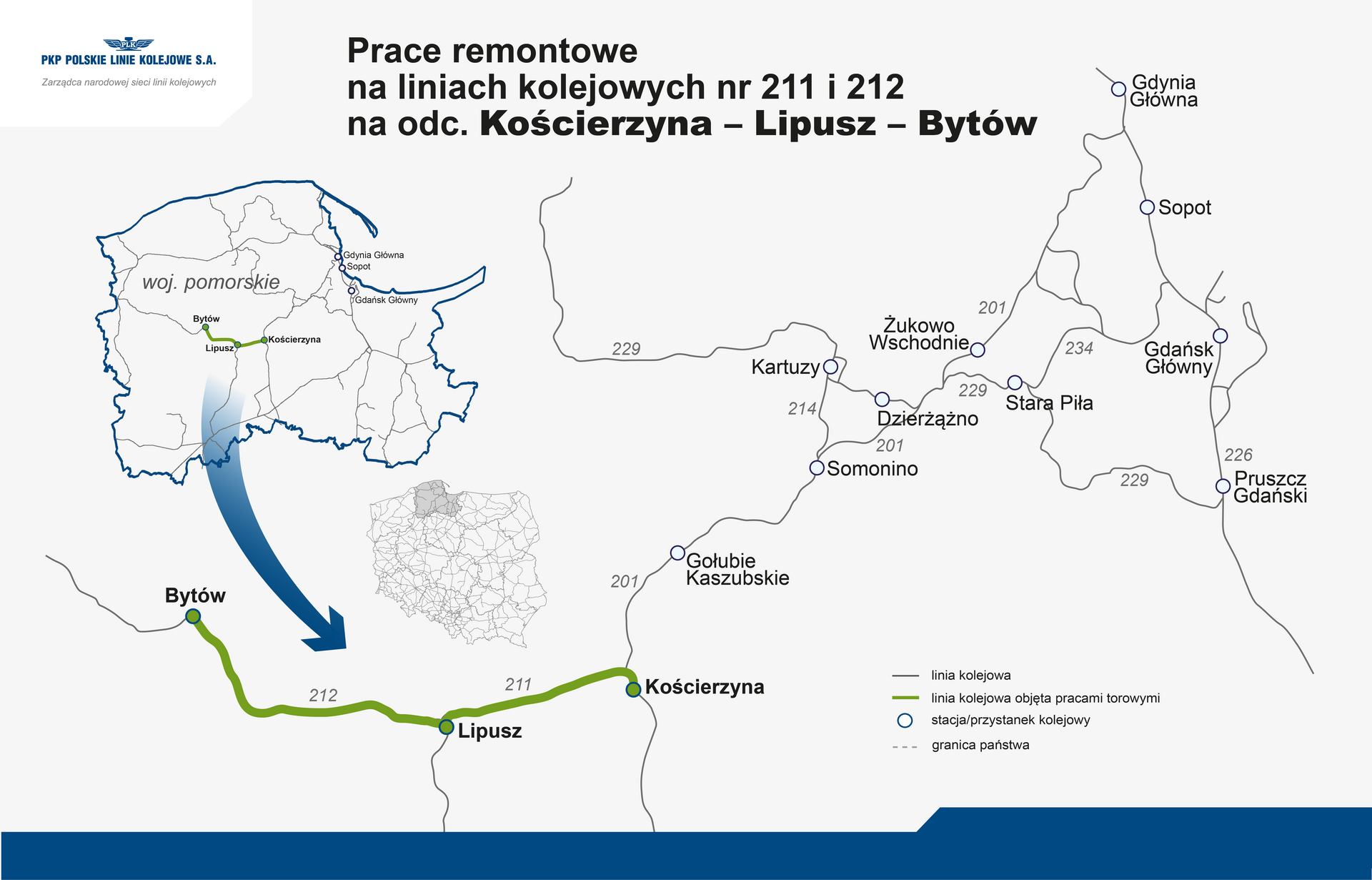Mapa prac remontowych na liniach 211 i 212