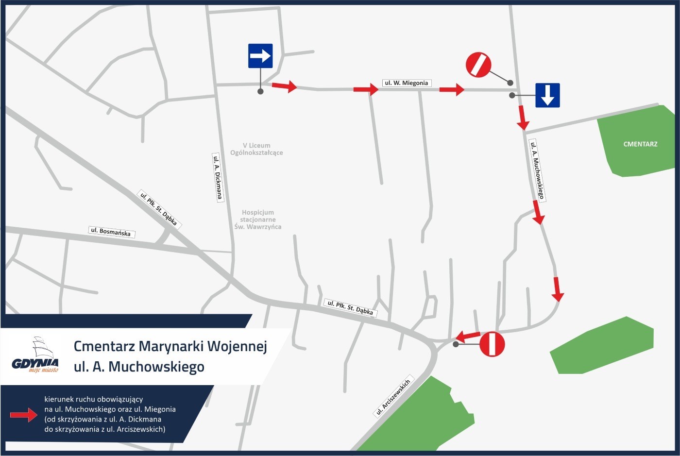 Mapa dojazdu na Cmentarz Marynarki Wojennej (mat. pras. ZDM)