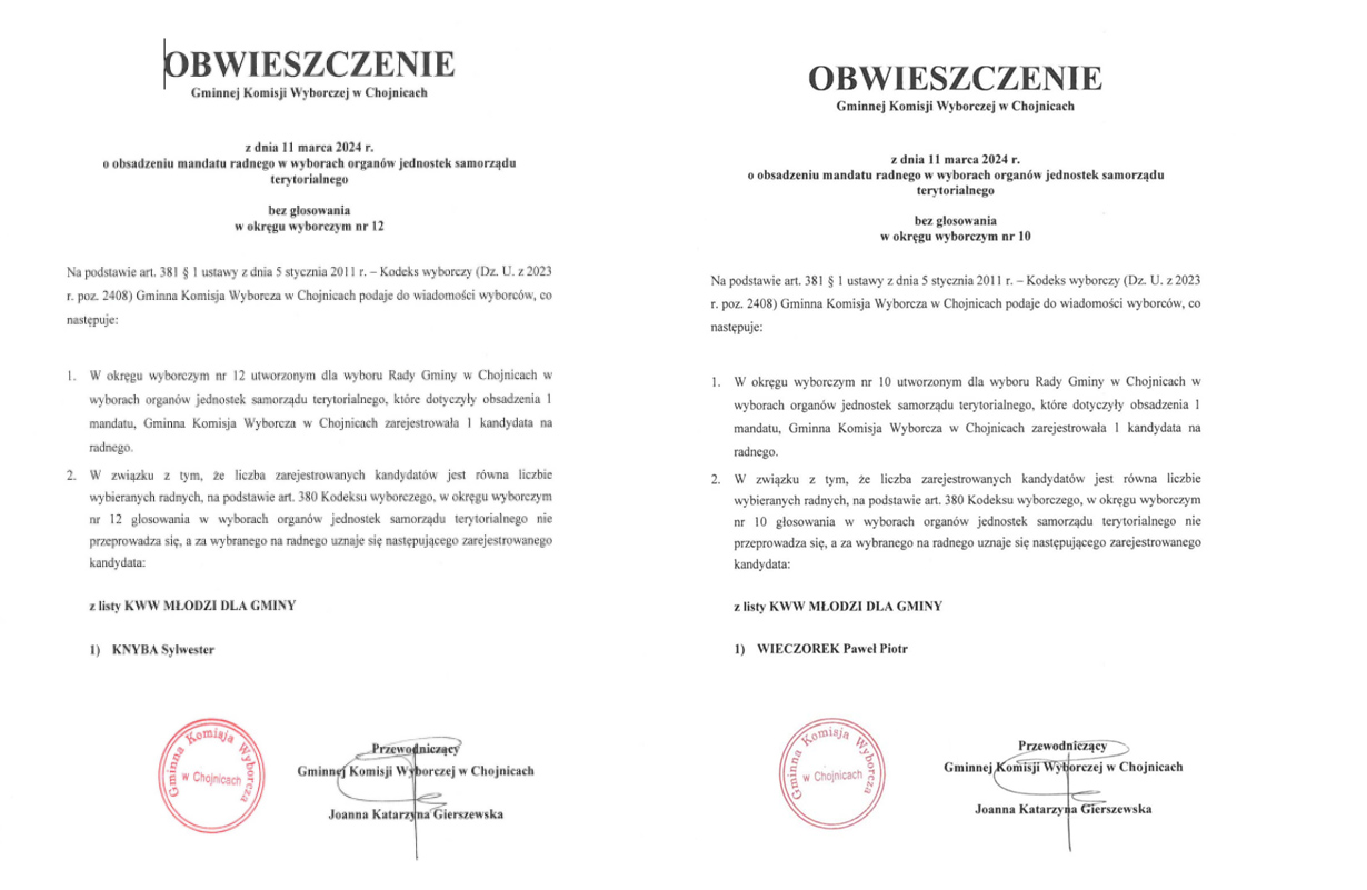 obwieszczenie Gminnej Komisji Wyborczej w Chojnicach