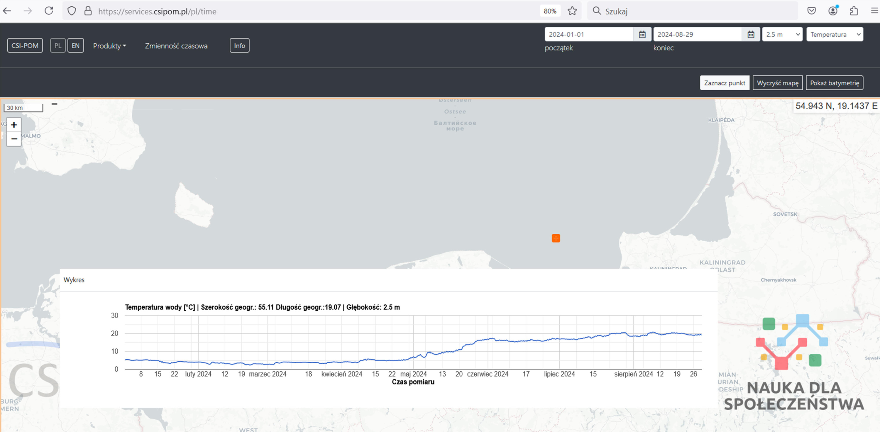 widok okna strony CSI-POM po wybraniu produktu „Zmienność czasowa”, parametru, np. „Temperatura”, okresu czasowego i zaznaczeniu punktu na mapie. dla którego został wygenerowany wykres zmienności czasowej