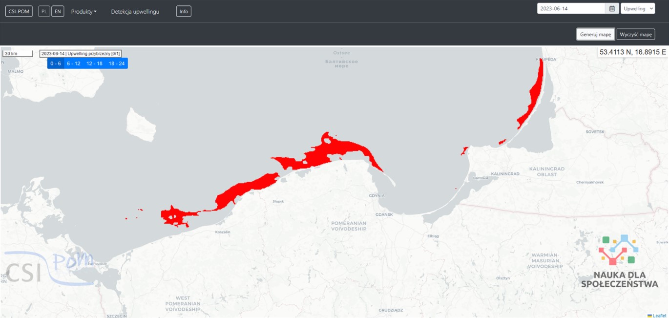 widok okna strony CSI-POM po wybraniu produktu „Detekcja upwellingu” i daty